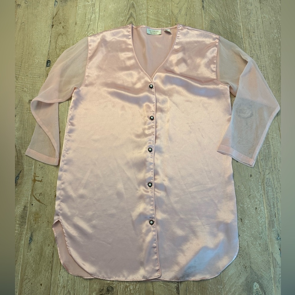 Victoria's Secret gold label pink silk sheer sleeve nightgown P/S